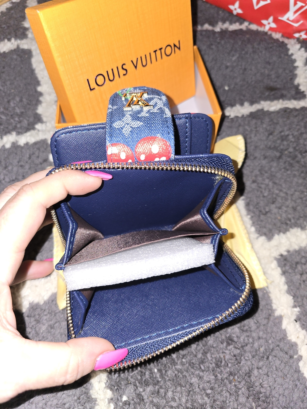:FIRM: Cherry Monogram Denim Compact Wallet in Blue - Picture 6 of 6